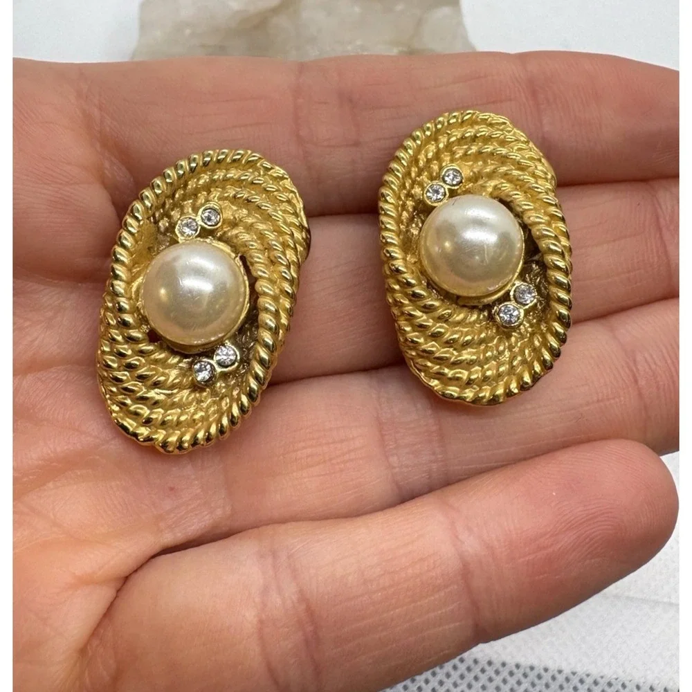 Vintage Gold Tone Clip-On Earrings Faux Pearl & Rhinestone Accents Textured Rope